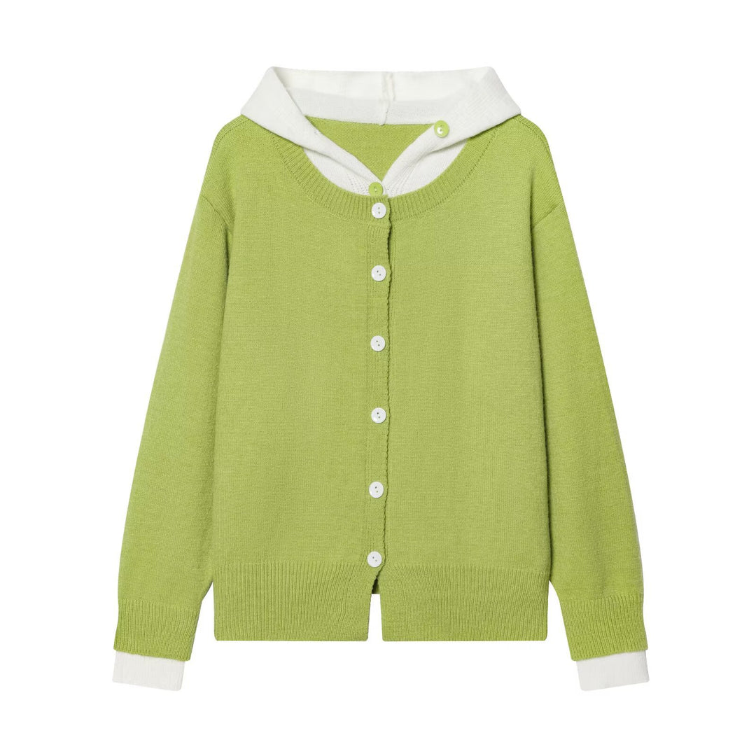 Women's fine knit cardigan with hood, contrast lining, and button placket Mune Fashion