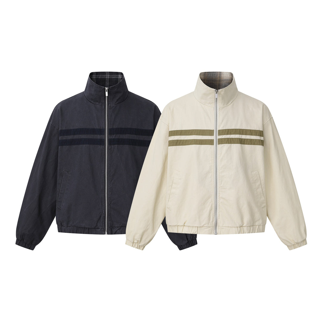 Unisex Short Cut Boxy Blouson Jacket with Stand-Up Collar and Horizontal Chest Piping Mune Fashion