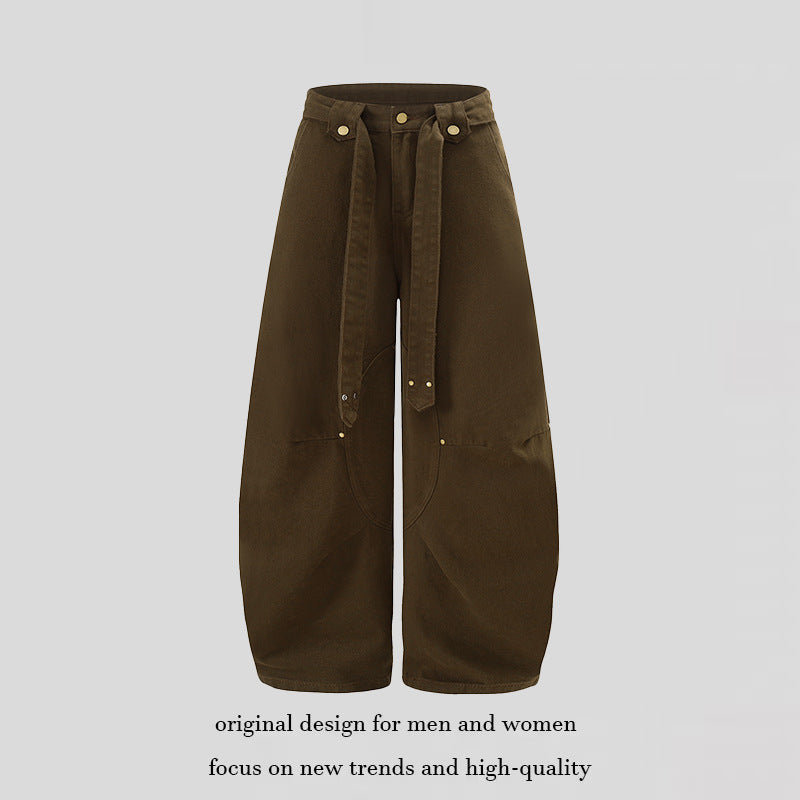 Women's Extra Wide High-Waist Palazzo Pants with Decorative Knee Patch, Tied Belt and Culotte Cut Mune Fashion