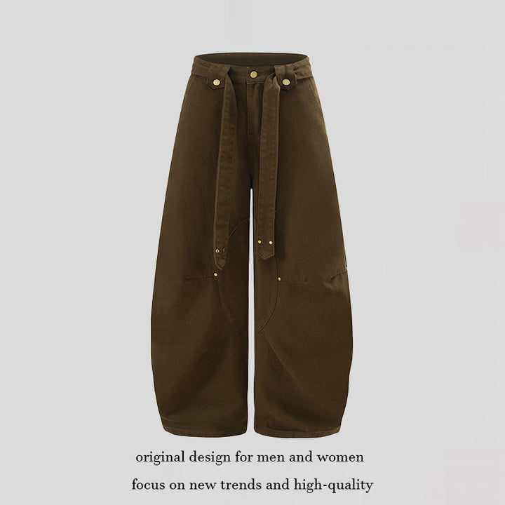 Women's Extra Wide High-Waist Palazzo Pants with Decorative Knee Patch, Tied Belt and Culotte Cut Mune Fashion