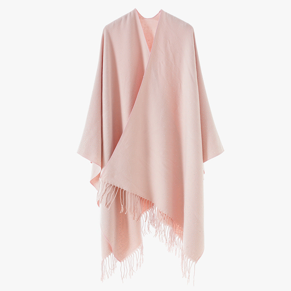 Women's Fringe Cape Poncho in Oversized Fit with Subtle Polka Dot Shine Mune Fashion
