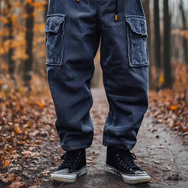 Men's corduroy cargo pants with drawstring, cuffs, and patch flap pockets Mune Fashion