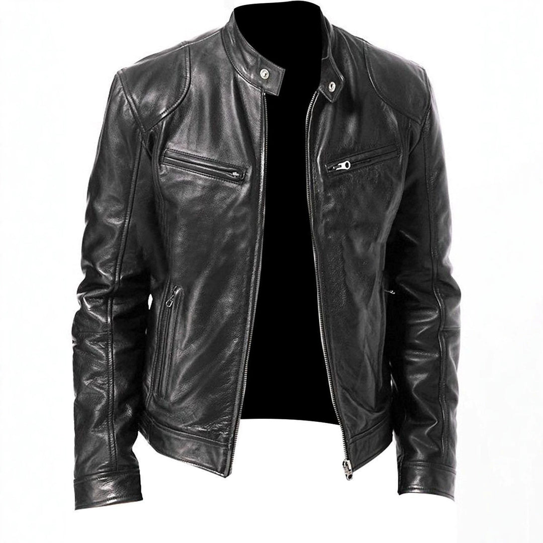 Men's nan vintage-inspired leather jacket in biker style with stand-up collar and visible zippers Mune Fashion