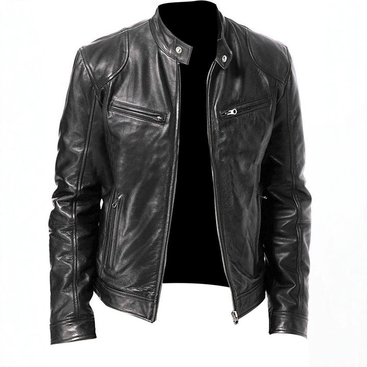 Men's nan vintage-inspired leather jacket in biker style with stand-up collar and visible zippers Mune Fashion