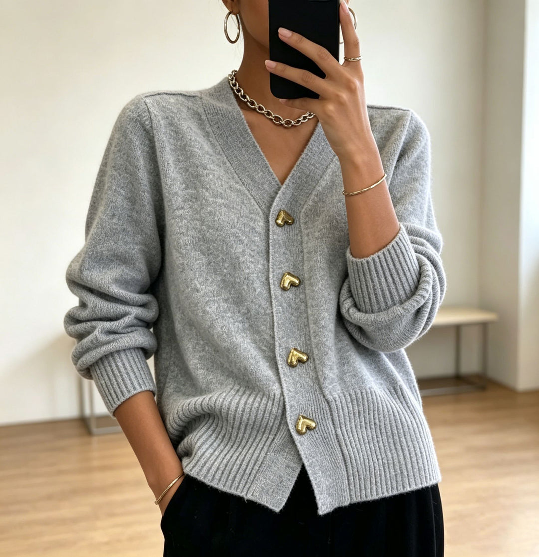 Women Oversize V-Neck Knit Cardigan with Heart-Shaped Decorative Buttons Mune Fashion