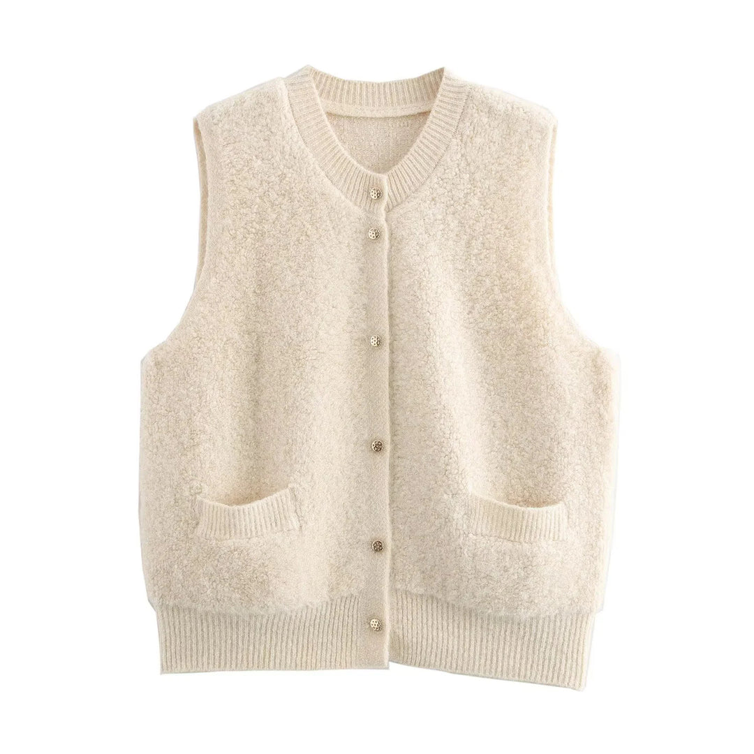 Ladies Sleeveless Teddy Vest with Button Placket and Patch Pockets Mune Fashion