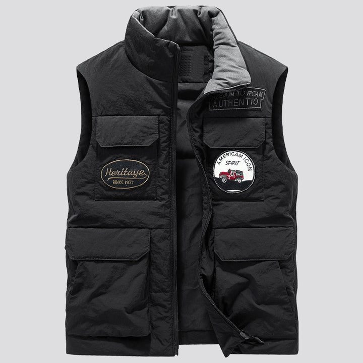 Men's Padded Utility Vest with Multiple Pockets and Badge Patches Mune Fashion