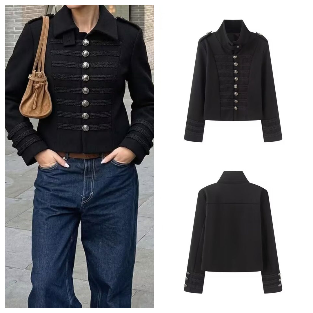 Women Tailored Military Jacket with Stand-up Collar and Decorative Cord Decoration Mune Fashion