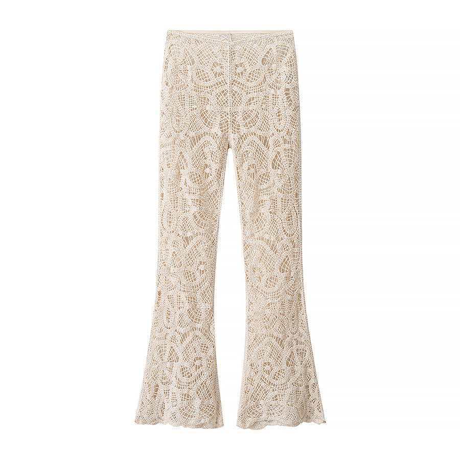 Ladies' crocheted flared pants with floral crochet pattern, elastic waistband, and partially lined inner leg Mune Fashion