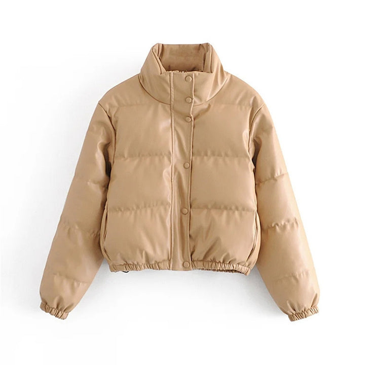 Women's short padded faux leather puffer jacket with high stand-up collar, snap button placket and drawstring hem Mune Fashion
