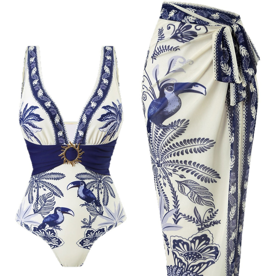 Women's One-Piece Swimsuit with Floral Design and Elegant Wrap Skirt Mune Fashion