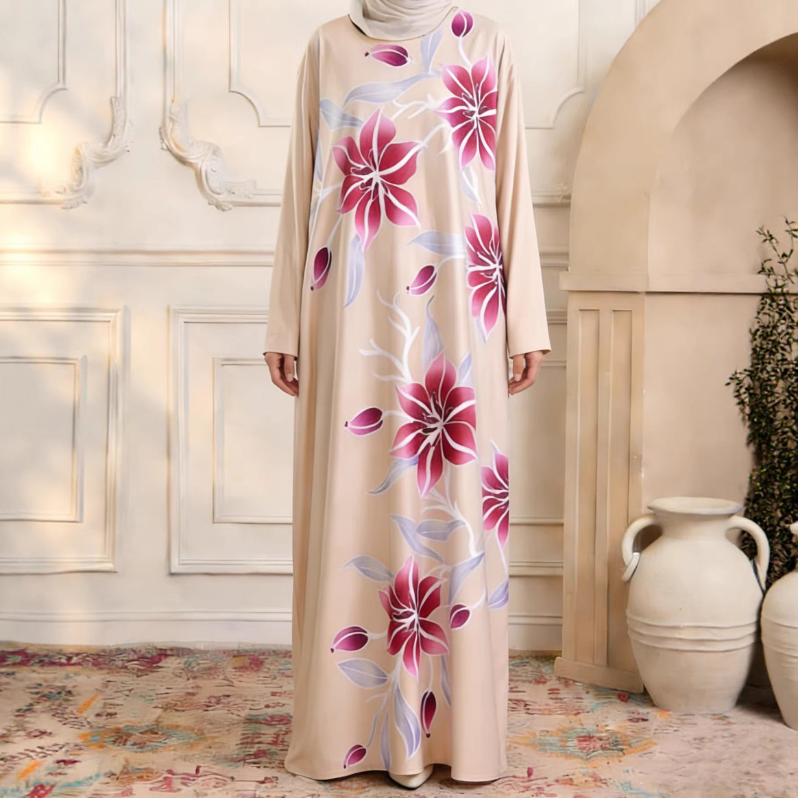 Women's maxi dress in kaftan style with hand-painted floral print Mune Fashion