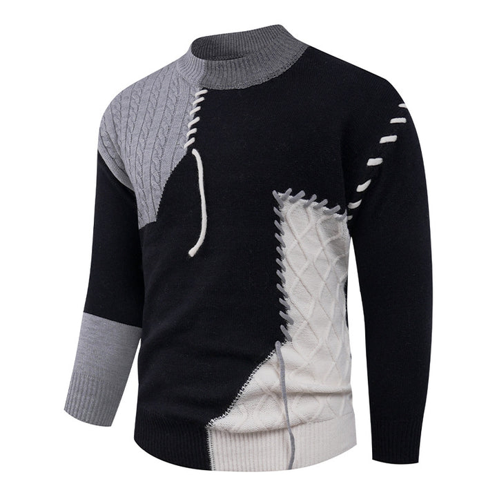 Men's Nan Patchwork Knit Pullover with Cable Knit Inserts and Decorative Seam Applications Mune Fashion