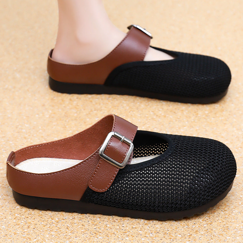 Women knitted comfort mule with adjustable leather strap, breathable knitted upper and cushioning EVA outsole Mune Fashion