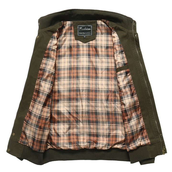 Men's canvas bomber jacket with checked lining, stand collar and badge appliqués Mune Fashion