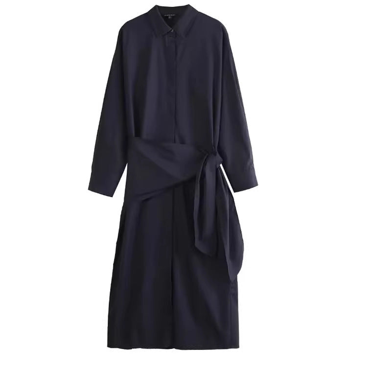 Women Oversized Button-Down Dress with Side Knot Belt and Midi Length Mune Fashion
