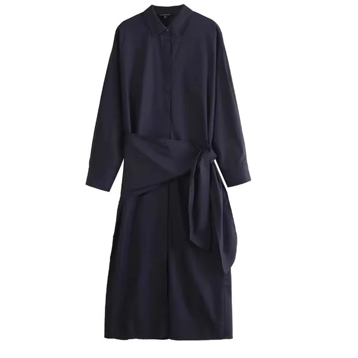 Women Oversized Button-Down Dress with Side Knot Belt and Midi Length Mune Fashion