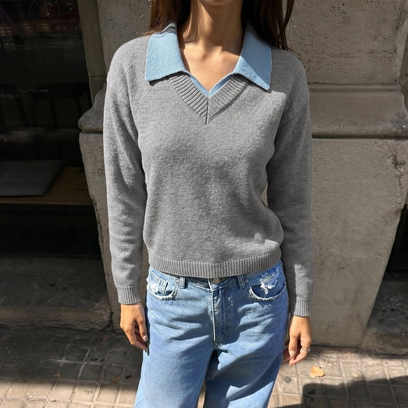 Women's Fashionable V-Neck Sweater with Collar Mune Fashion