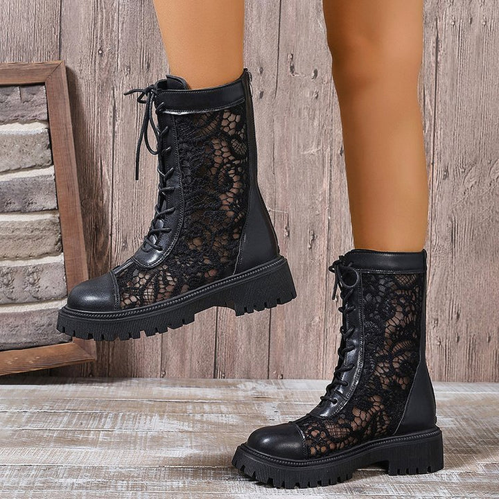 Women's lace-up boots with lace inserts, robust profile sole and leather look Mune Fashion