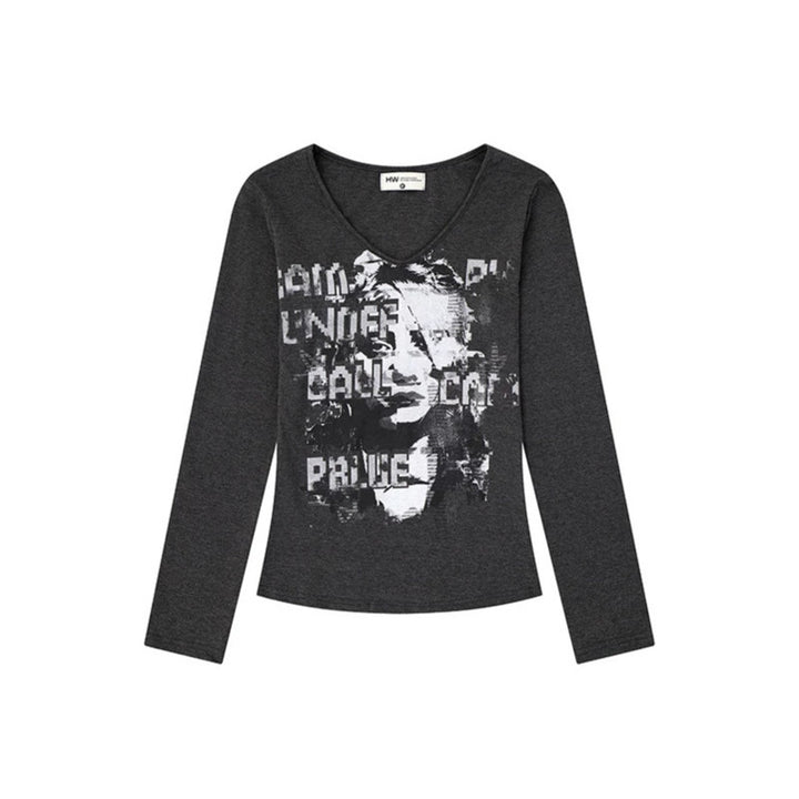 Women's Long Sleeve Shirt with Vintage Photo Print and Round Neckline Mune Fashion