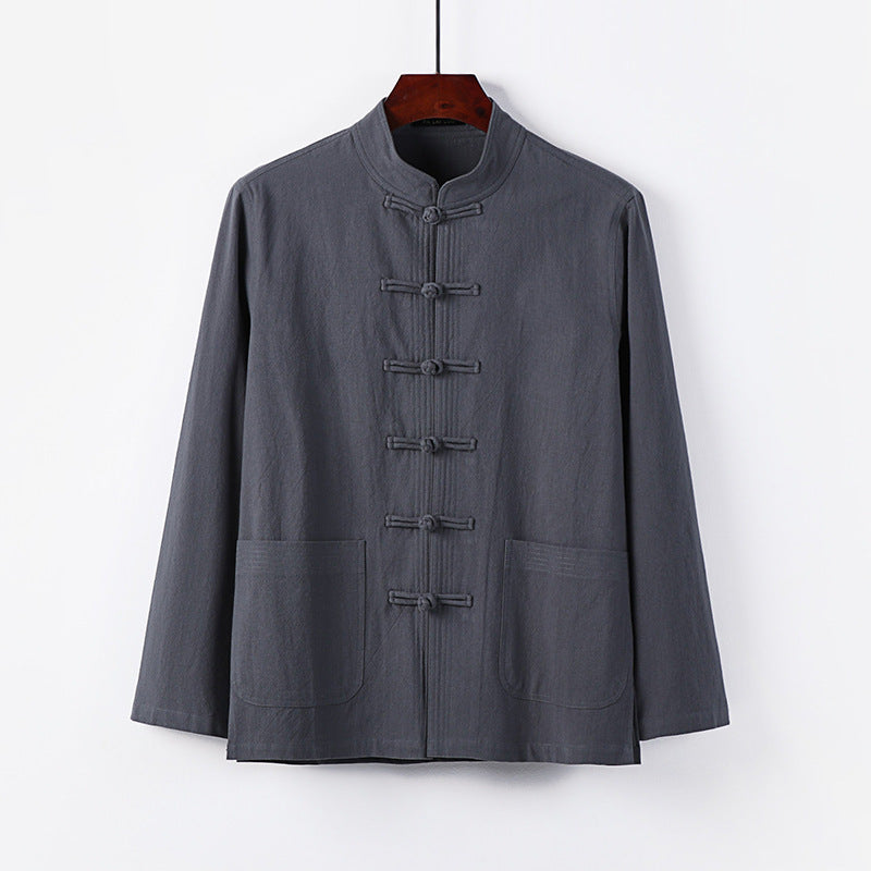 Men's traditional Tang jacket with stand-up collar and knot buttons made of linen blend Mune Fashion