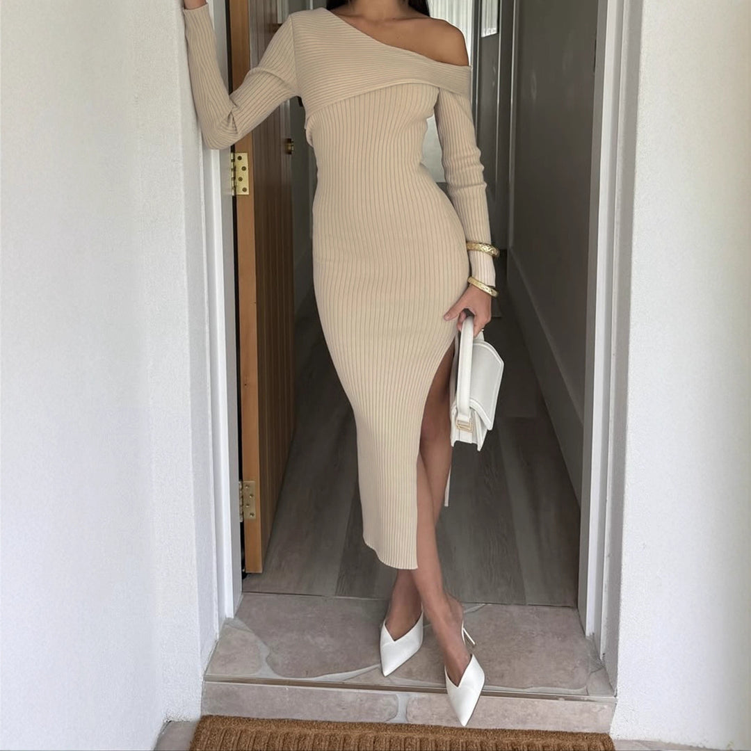 Women’s figure-hugging one-shoulder ribbed dress with asymmetric neckline and form-fitting midi silhouette Mune Fashion