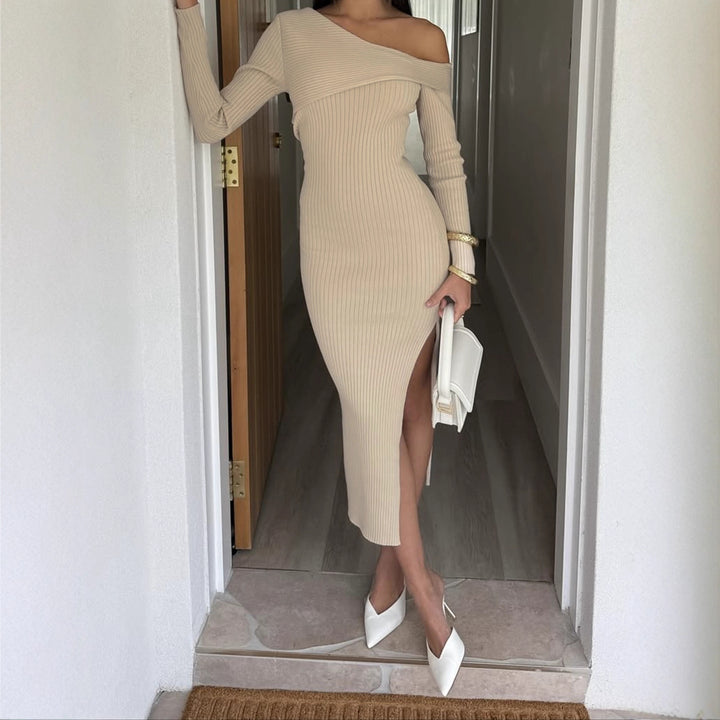 Women’s figure-hugging one-shoulder ribbed dress with asymmetric neckline and form-fitting midi silhouette Mune Fashion