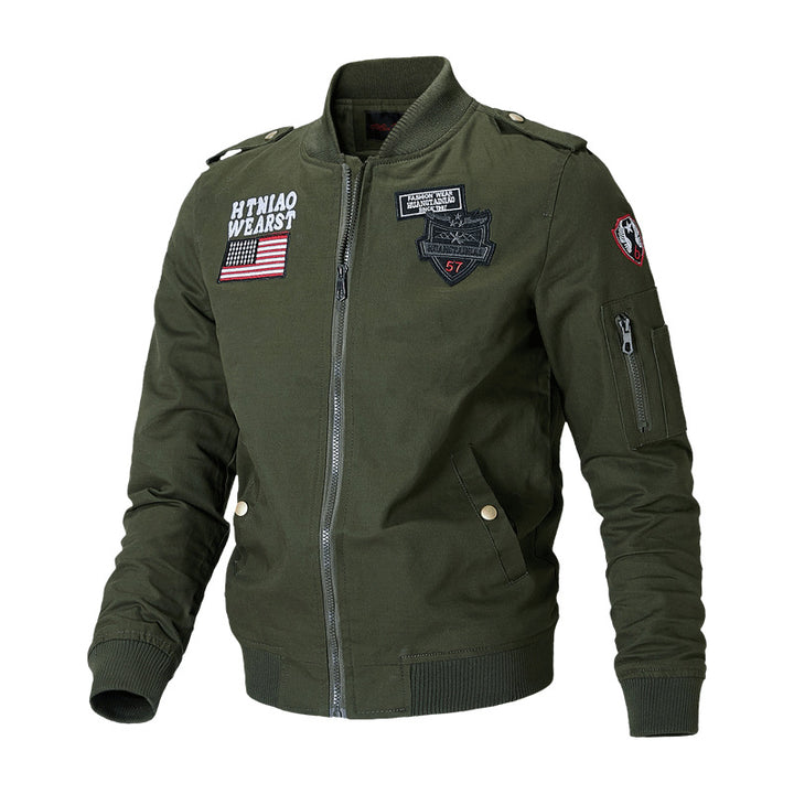 Men's Military-Inspired Bomber Jacket with Badges, Arm Pocket and Ribbed Cuffs Mune Fashion