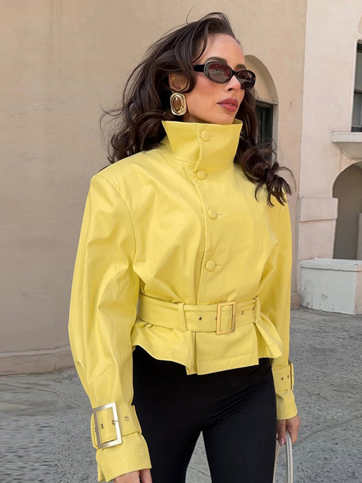 Women's short jacket with waist belt, high stand-up collar, and decorative cuffs Mune Fashion