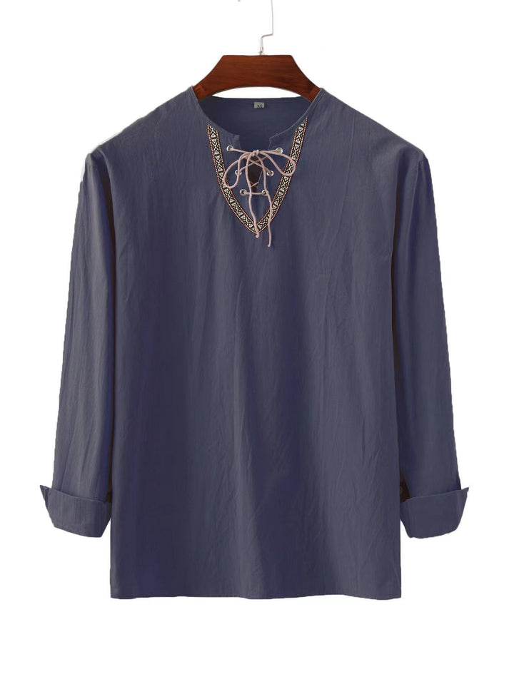 Men's linen tunic shirt with lacing and ethnic border Mune Fashion