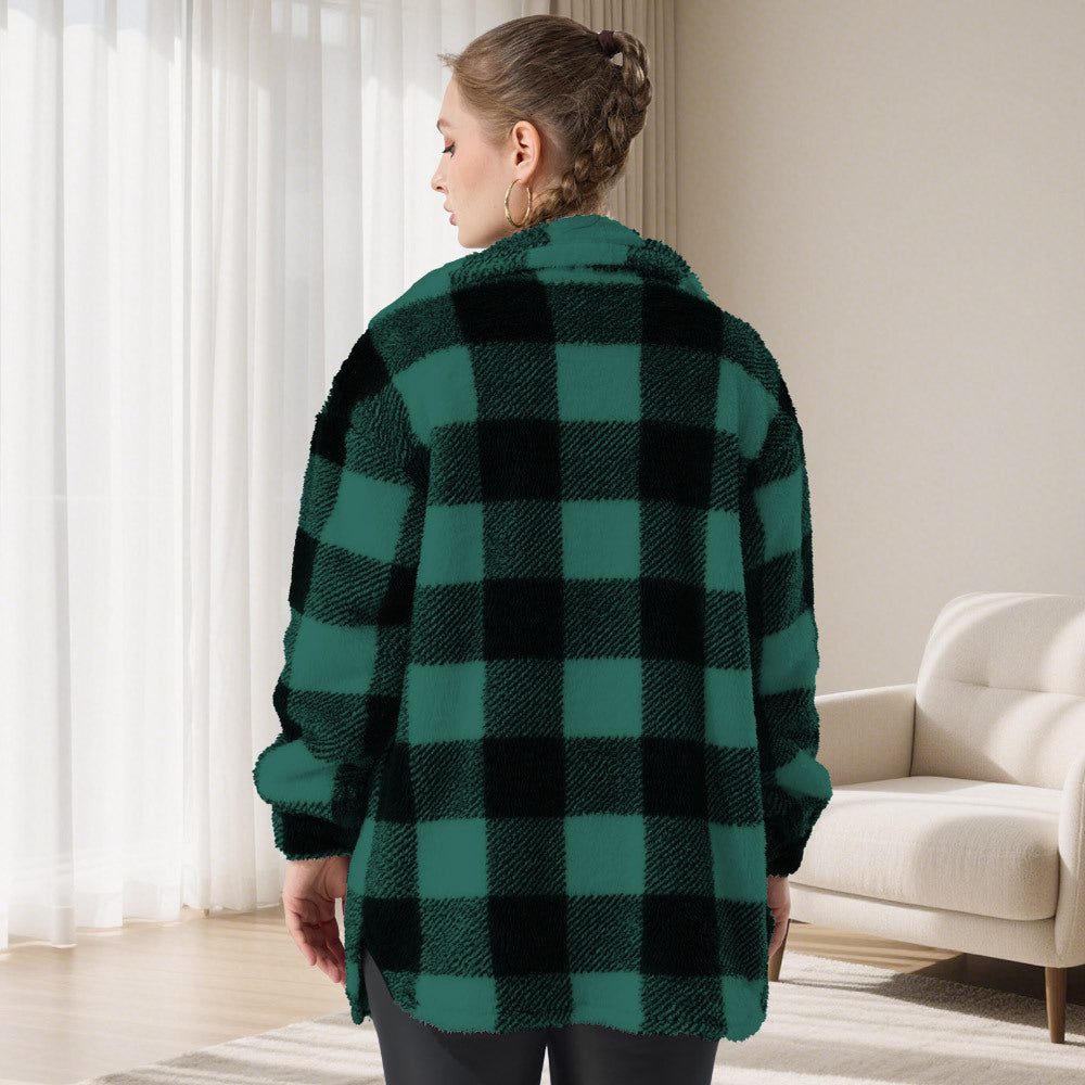 Women's Oversized Teddy Shirt Jacket with Check Pattern Mune Fashion
