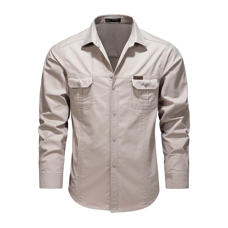 Men's Robust Canvas Work Shirt with Chest Flap Pockets and Classic Shirt Collar Mune Fashion