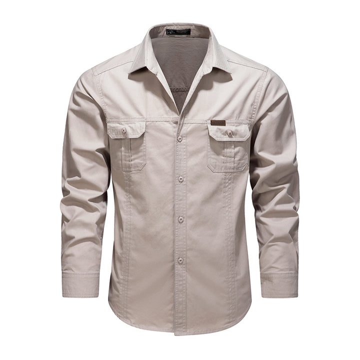 Men's Robust Canvas Work Shirt with Chest Flap Pockets and Classic Shirt Collar Mune Fashion