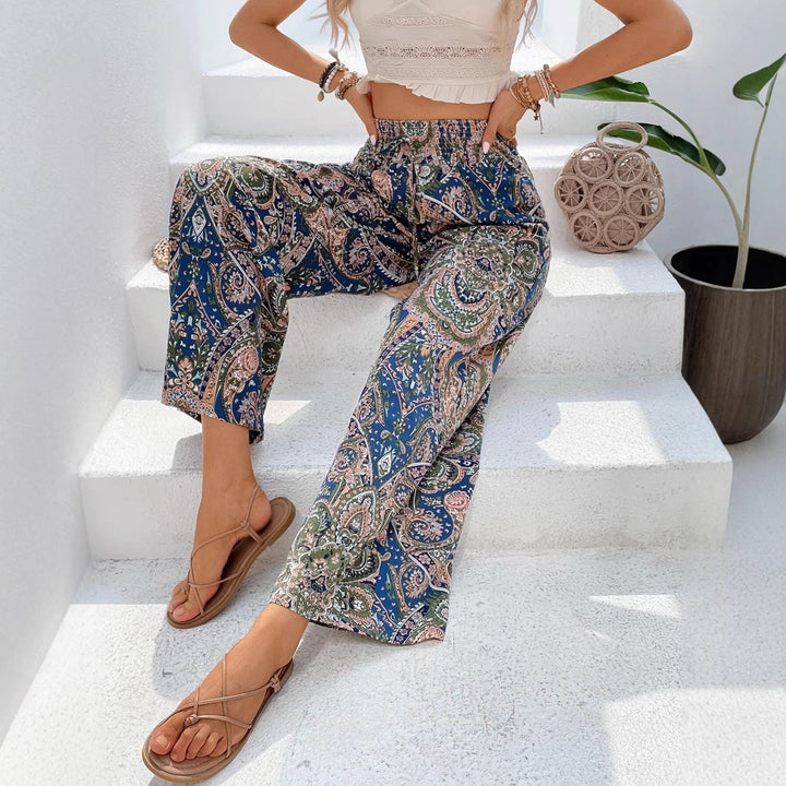 Ladies Palazzo Pants with Wide Leg, Elastic Smocked Waistband and Paisley Print Mune Fashion