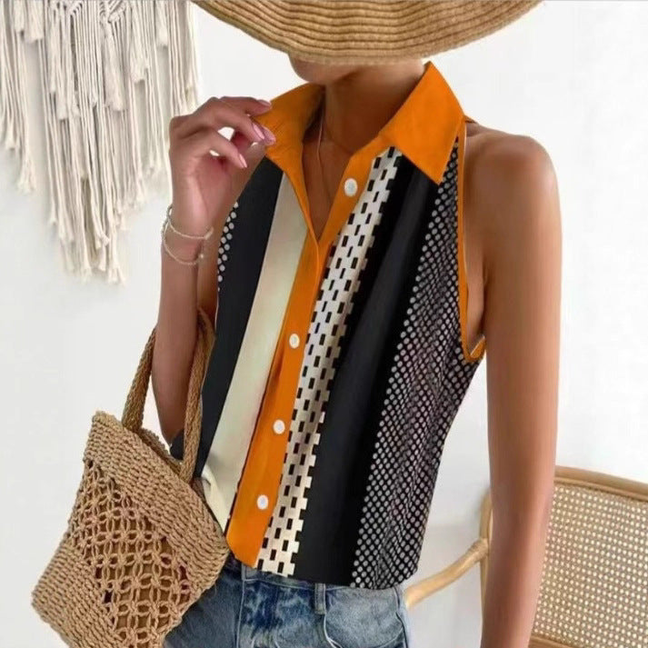 Women's sleeveless shirt blouse with collar, full button placket and graphic stripe and dot pattern Mune Fashion