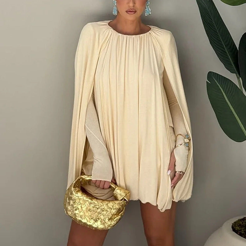 Ladies Cape Mini Dress with Pleats and Side Sleeve Slits Mune Fashion