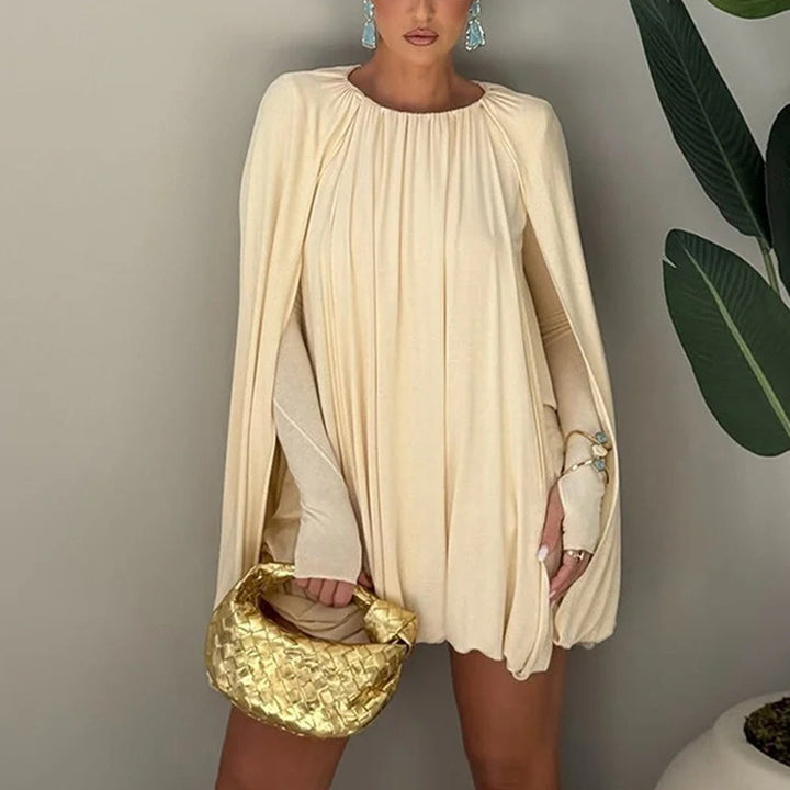 Ladies Cape Mini Dress with Pleats and Side Sleeve Slits Mune Fashion