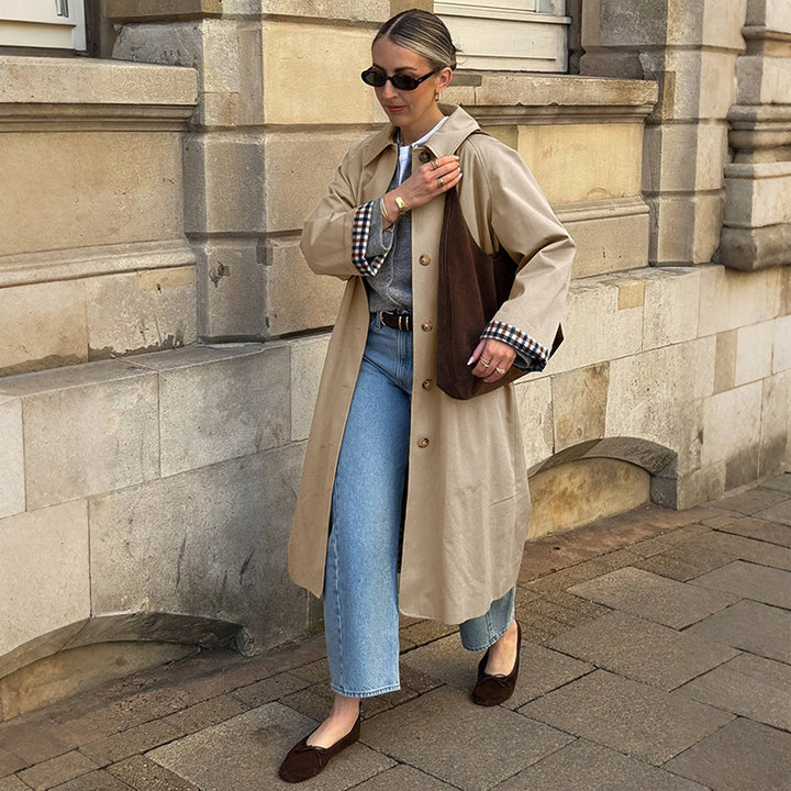 Women Classic Trench Coat with Checked Lining Mune Fashion