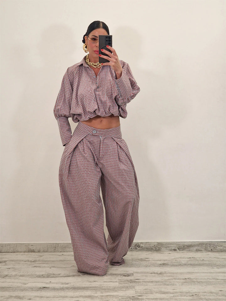 Women's Two-Piece Checked Set with Cropped Oversized Shirt and Wide Pleated Trousers Mune Fashion