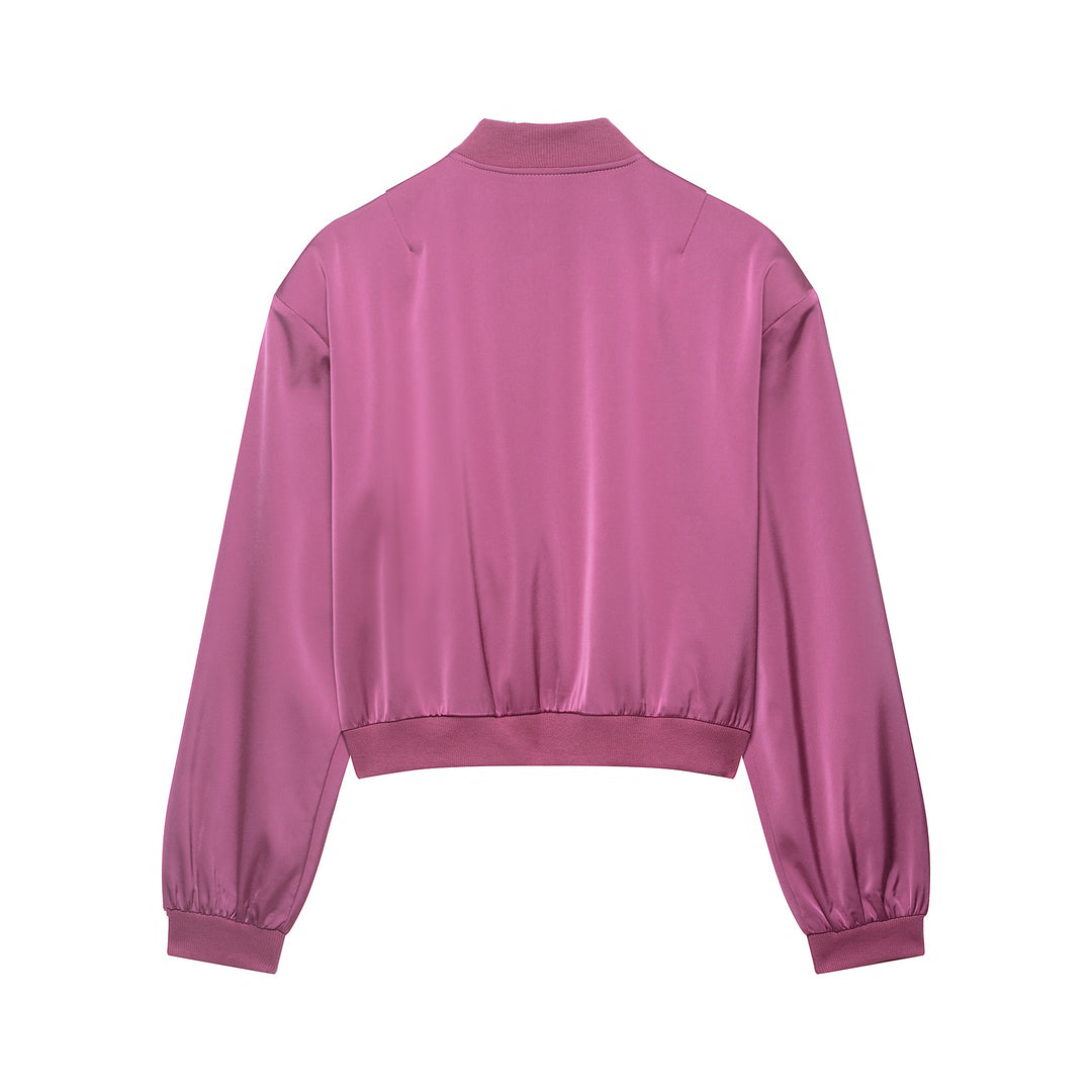 Women's cropped satin bomber jacket with ribbed hem and applied flap pockets Mune Fashion