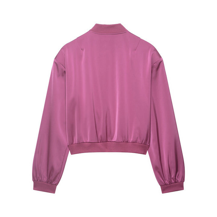 Women's cropped satin bomber jacket with ribbed hem and applied flap pockets Mune Fashion