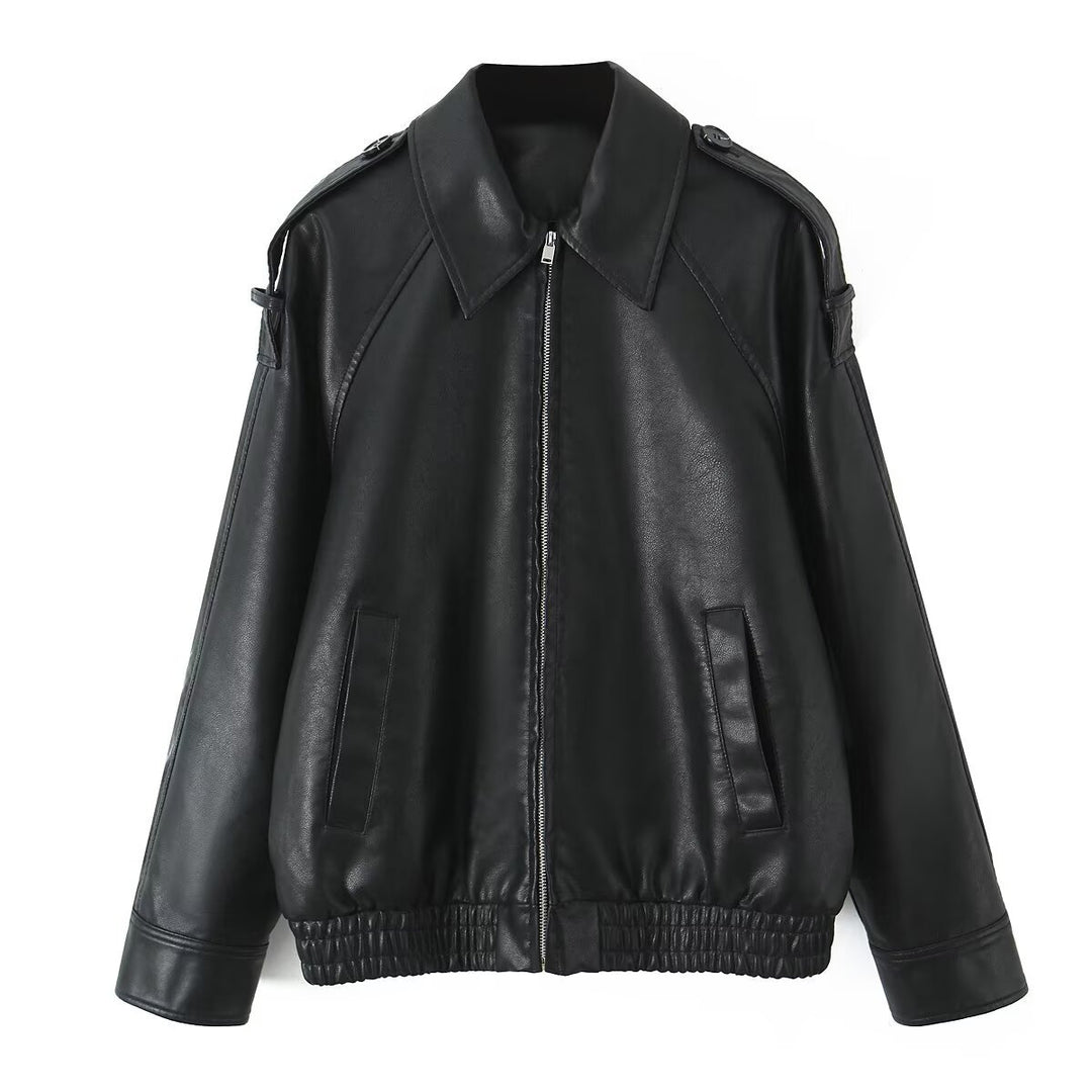 Women's Oversized Faux Leather Flight Jacket with Bonded Collar, Shoulder Epaulettes, and Elastic Hem Mune Fashion
