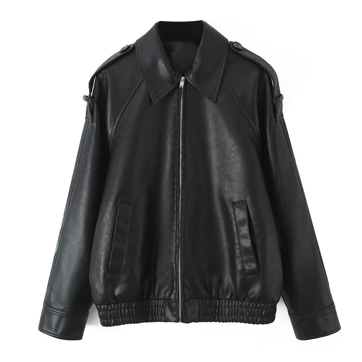 Women's Oversized Faux Leather Flight Jacket with Bonded Collar, Shoulder Epaulettes, and Elastic Hem Mune Fashion