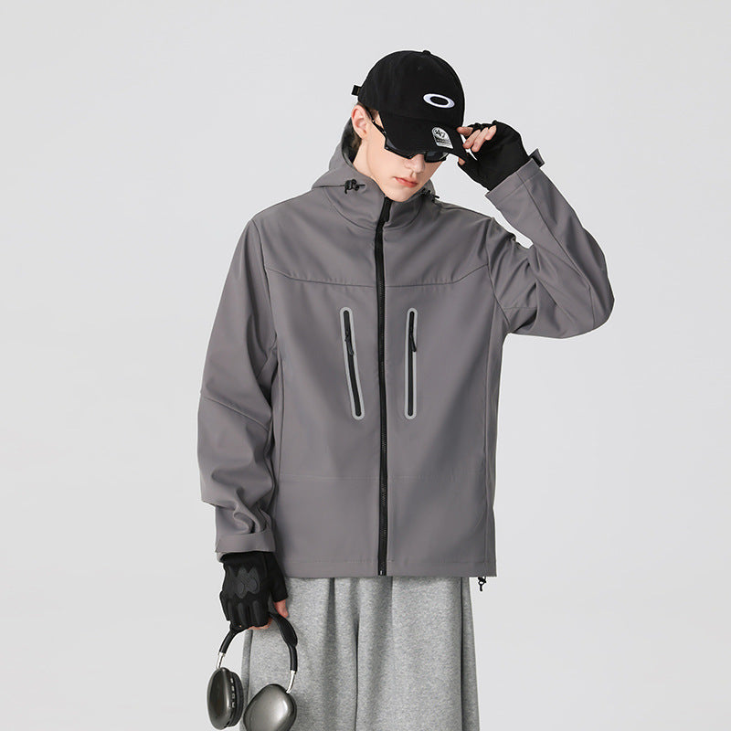 Men's multifunctional softshell jacket with ergonomic weather protection, adjustable hood and vertical zip pockets Mune Fashion