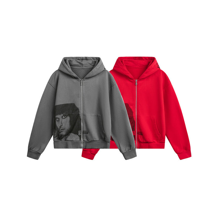 Unisex hooded zip jacket in boxy cut with large portrait print Mune Fashion