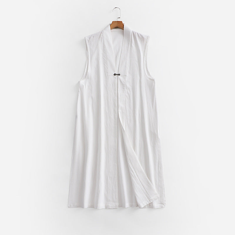 Women's Long Sleeveless Kimono Vest made of Linen Blend with Narrow Shawl Collar and Decorative Toggle Closure Mune Fashion