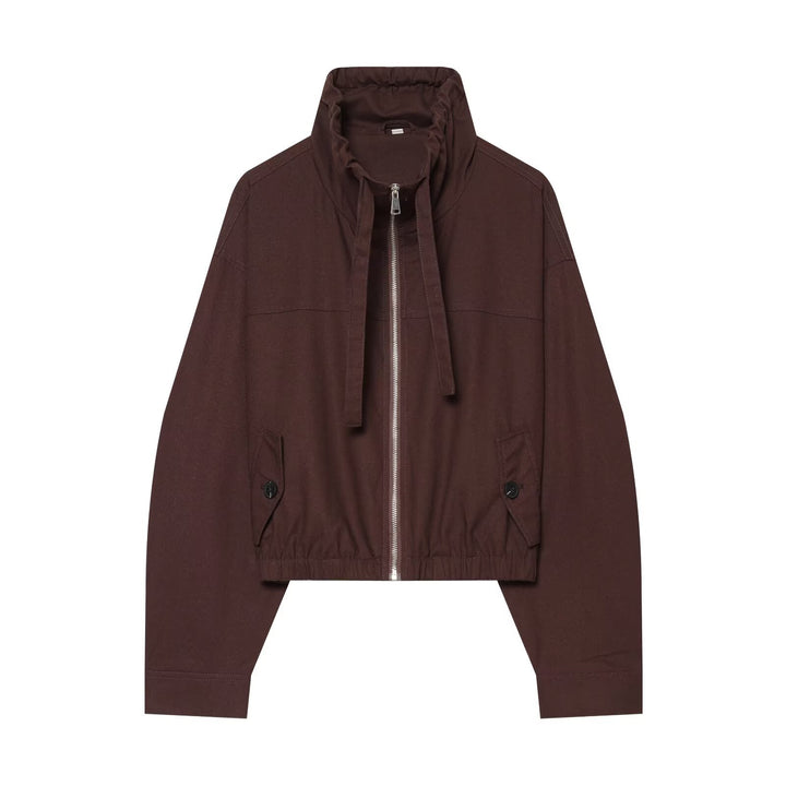 Women's short bomber-style jacket with high funnel collar, concealed zipper, and flap pockets Mune Fashion