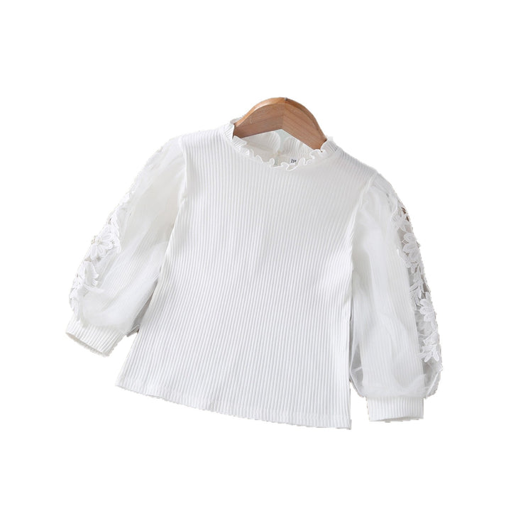 Girl's blouse with puff sleeves and floral lace trim Mune Fashion