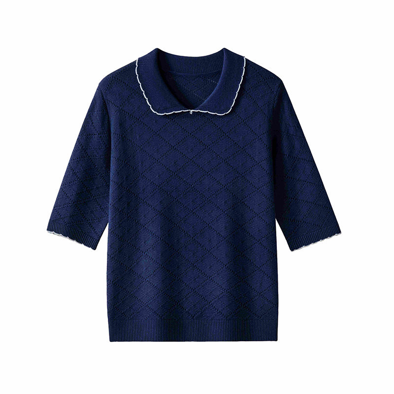 Women's short sleeve fine knit pullover with Peter Pan collar, eyelet diamond pattern and fine contrast edge Mune Fashion