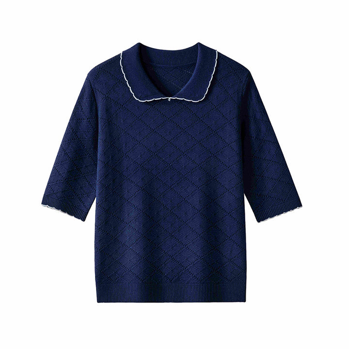 Women's short sleeve fine knit pullover with Peter Pan collar, eyelet diamond pattern and fine contrast edge Mune Fashion